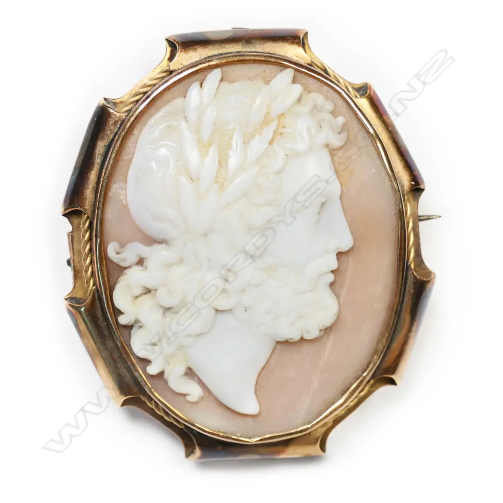 A c.1900 'Kohn' N.Z. made 15ct. rose gold framed cameo brooch, Image 1++